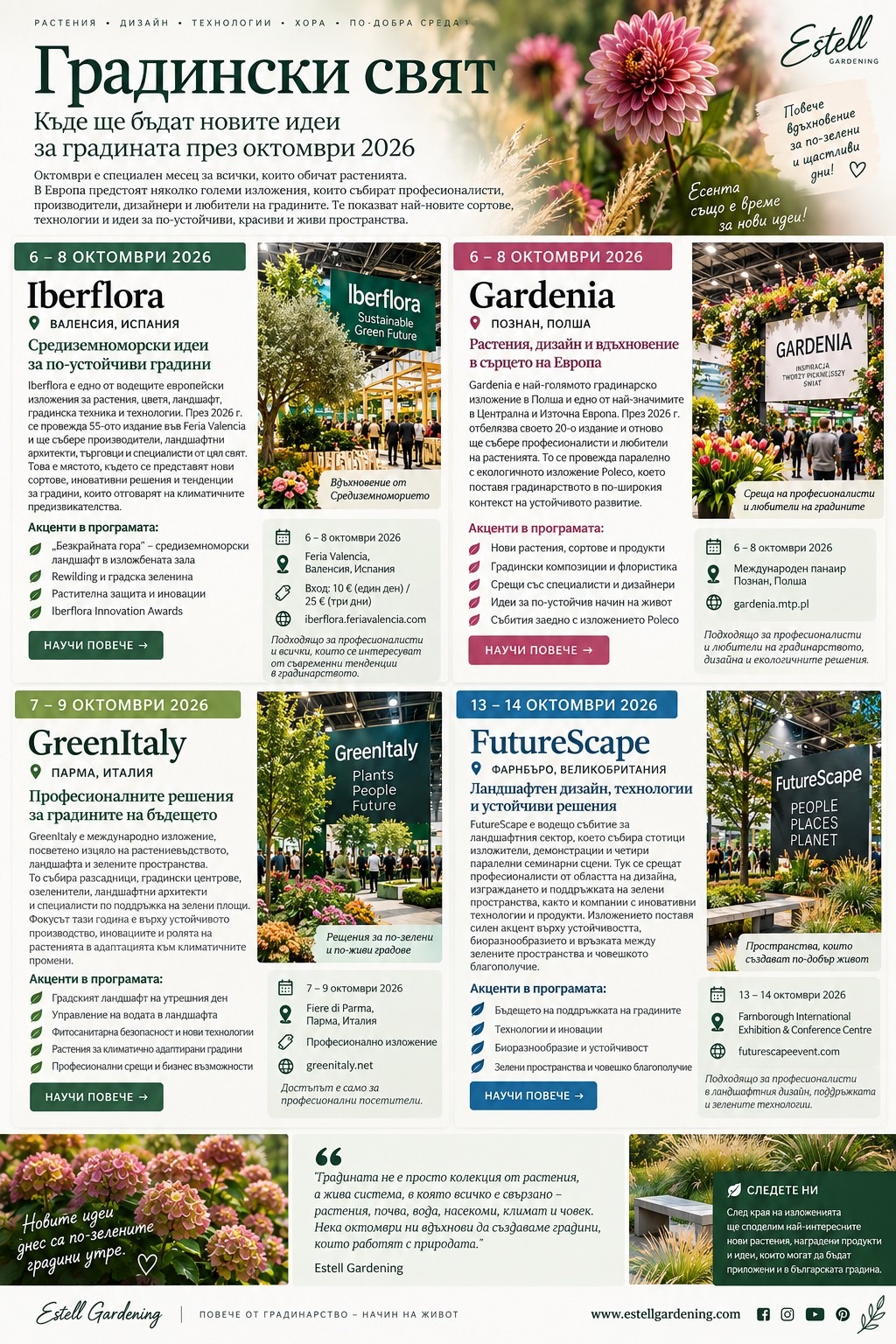 Илюстративен плакат за Iberflora, Gardenia, GreenItaly и FutureScape през октомври 2026