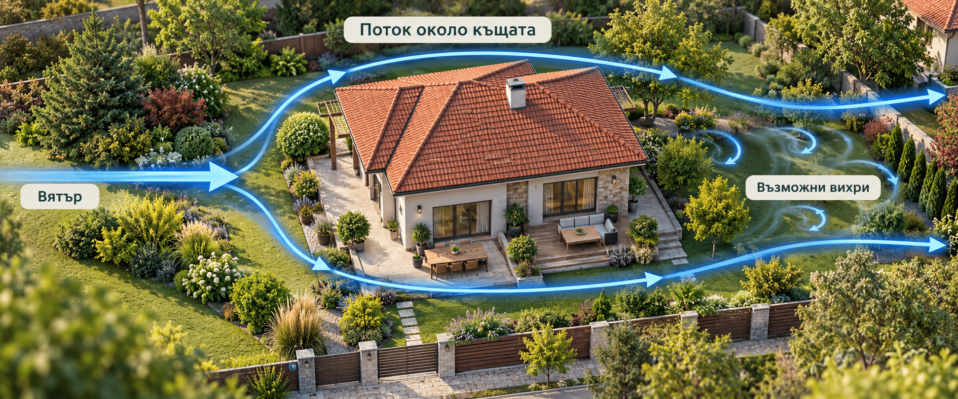 Въздушни потоци около къща с озеленен двор