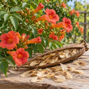 Оранжево-червени цветове и крилати семена на кампсис радиканс (Campsis radicans) – илюстративно изображение