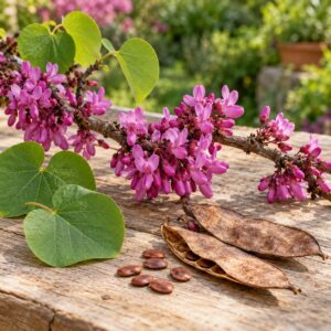 Цветове, сърцевидни листа, шушулки и семена на юдово дърво (Cercis siliquastrum) – илюстративно изображение