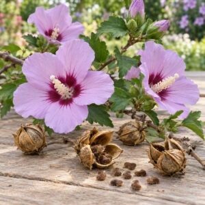 Цветове, плодни кутийки и семена на сирийски хибискус (Hibiscus syriacus) – илюстративно изображение