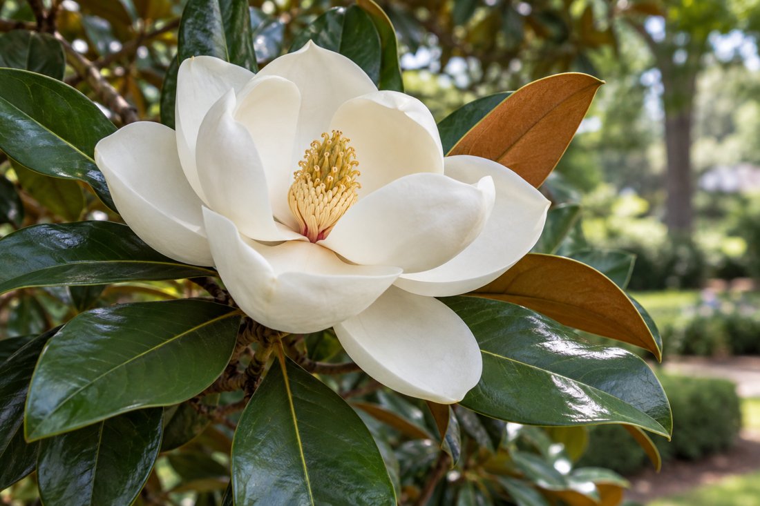 Илюстрация на Magnolia grandiflora с кремавобял цвят и вечнозелени кожести листа