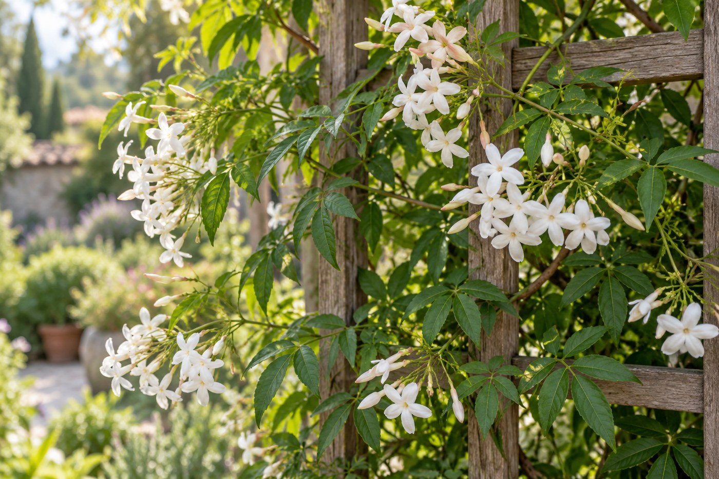Jasminum officinale — сложни листа от няколко листчета и бели звездовидни цветове.