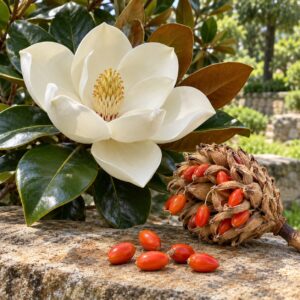 Бял цвят, вечнозелени листа и оранжево-червени семена на Magnolia grandiflora – илюстративно изображение