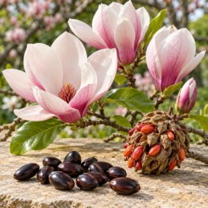 Цветове и семена на магнолия Соулангеана (Magnolia × soulangeana) – илюстративно изображение
