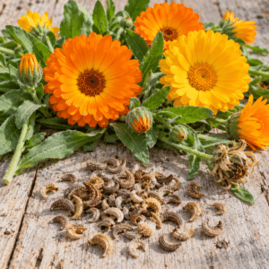 Цветове и извити семена на невен (Calendula officinalis) – илюстративно изображение