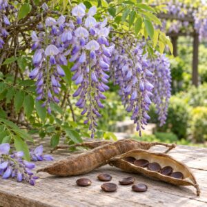 Виолетови цветове, листа, шушулки и семена на китайска глициния (Wisteria sinensis) – илюстративно изображение